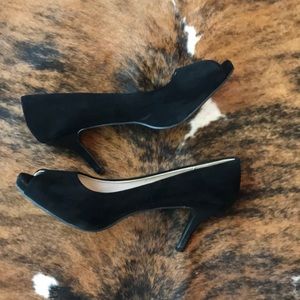 Black velvet peep toe high heels